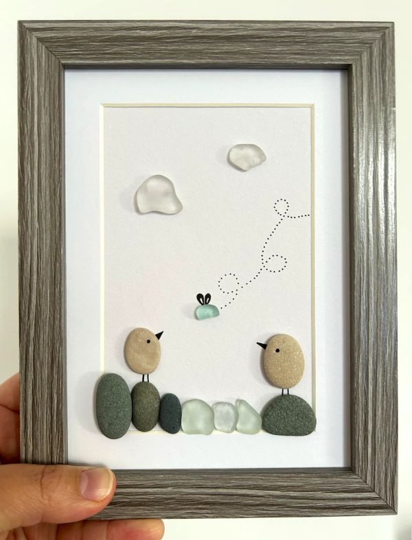 Seaglass Artwork with Birds and Clouds