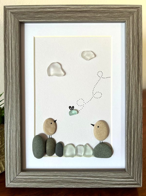 Seaglass Artwork with Birds and Clouds