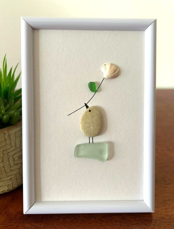 Seaglass and Pebble Framed Artwork, with a Bird Holding a Flower