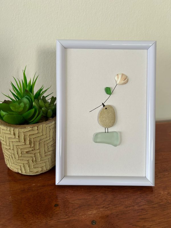 Seaglass and Pebble Framed Artwork, with a Bird Holding a Flower