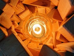Unique, stacked, multi-wood table lamp