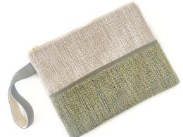 Handmade Spring Summer Clutch Bag – Beige and Green Zipped Pouch With Wristlet