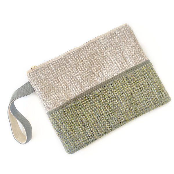 Handmade Spring Summer Clutch Bag – Beige and Green Zipped Pouch With Wristlet