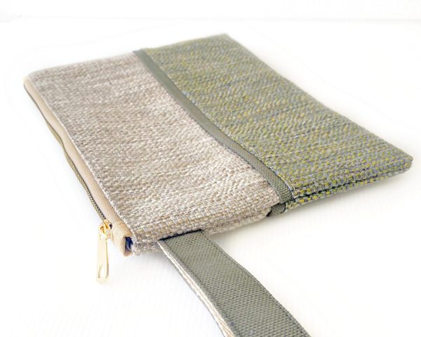 Handmade Spring Summer Clutch Bag – Beige and Green Zipped Pouch With Wristlet - Image 2
