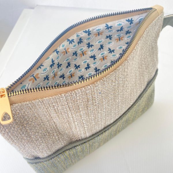 Handmade Spring Summer Clutch Bag – Beige and Green Zipped Pouch With Wristlet - Image 3