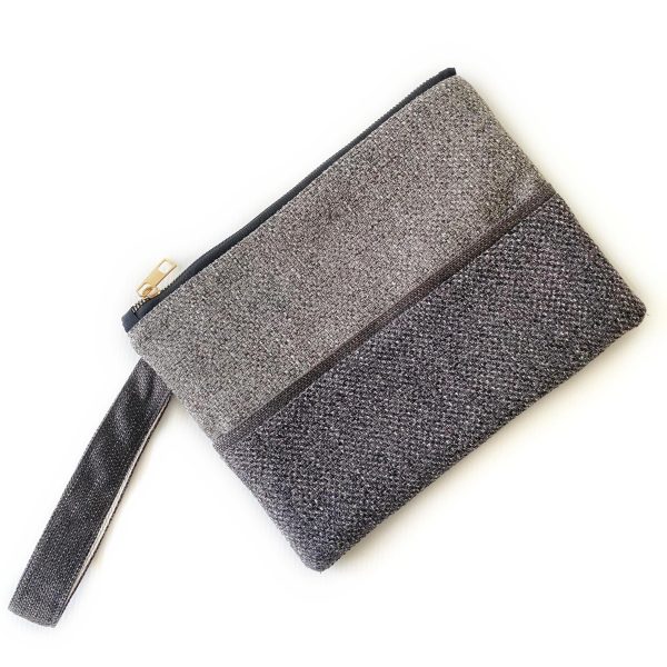 Handmade Spring Summer Clutch Bag – Brown And Grey Zipped Pouch With Wristlet