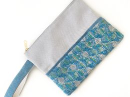 Handmade Spring Summer Clutch Bag – Beige and Blue Zipped Pouch With Wristlet